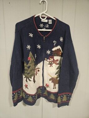 Croft & Barrow Large Winter Snowman Cardigan Knit Angora Blend Sweater PILLING
